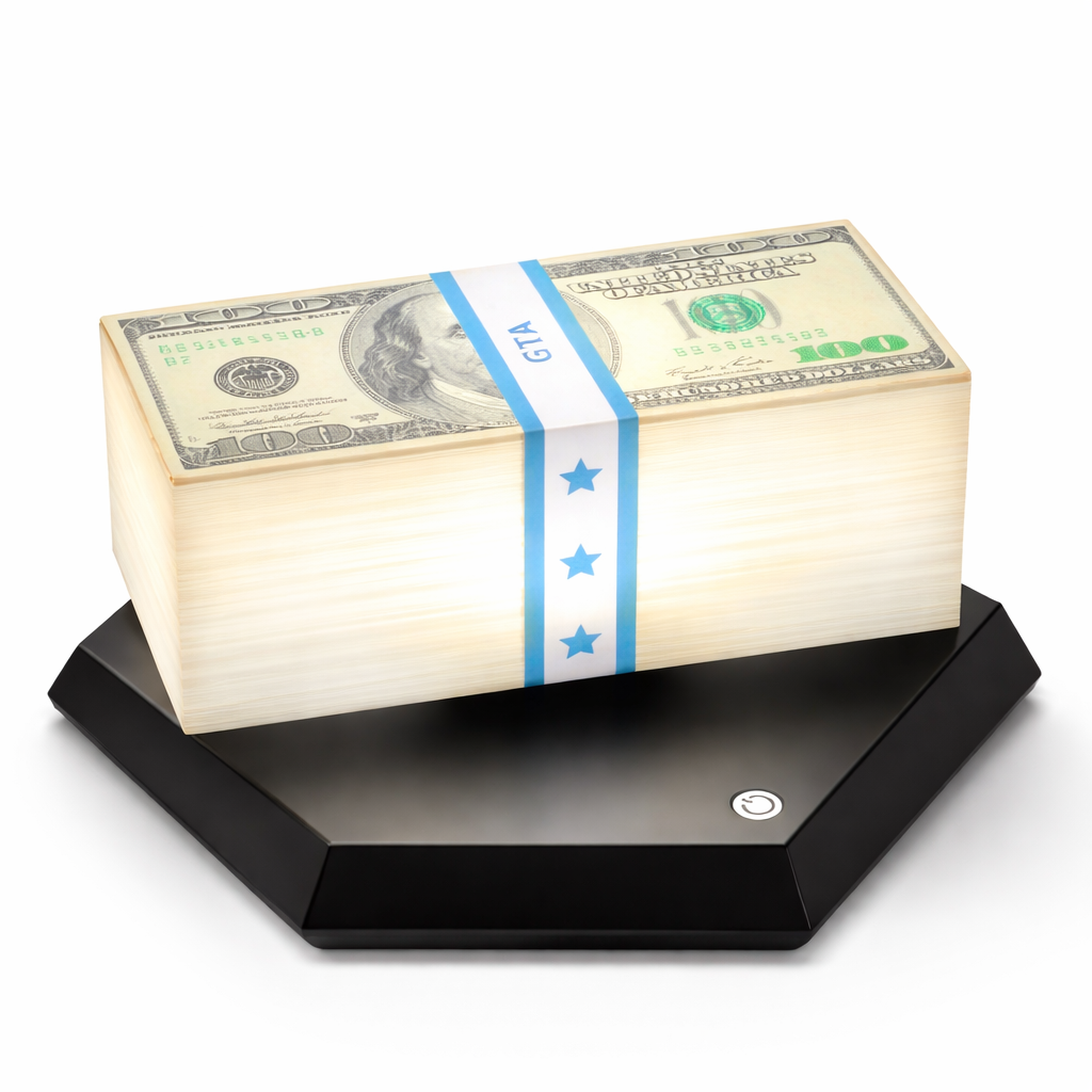 Stack of money with a black base on a white background