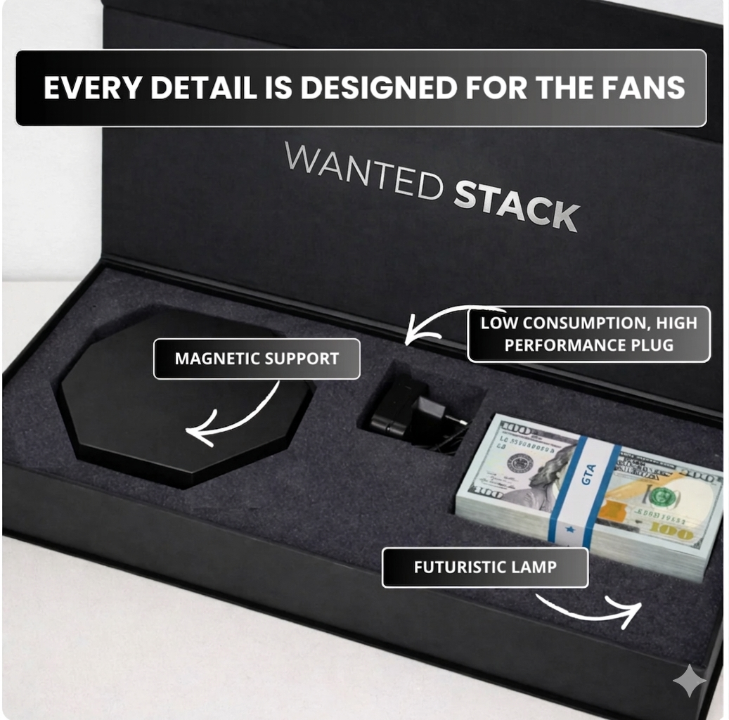 Product packaging with features highlighted, including 'Wanted Stack' branding and dollar bills.